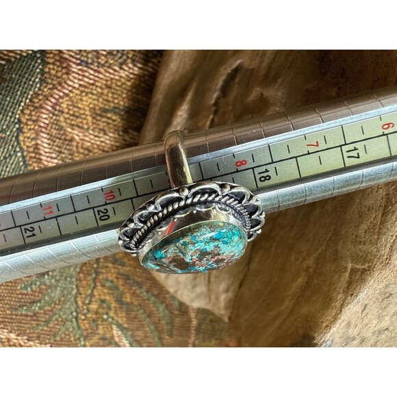 Azurite or Chrysocolla Silver-Tone Ring Size 9 Intricate Rope & Scallop Design - Picture 3 of 6